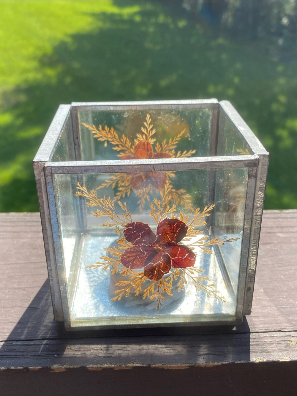 Glass Floral Accent Cube - Clear with Gold & Red Leaf Motif